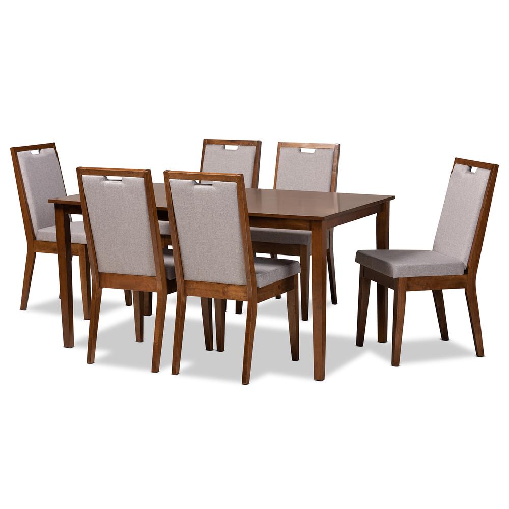 Baxton Studio Rosa Modern and Contemporary Grey Fabric Upholstered and Walnut Brown Finished Wood 7-Piece Dining Set. Picture 13