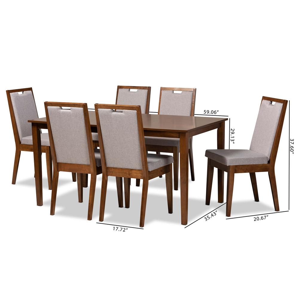 Baxton Studio Rosa Modern and Contemporary Grey Fabric Upholstered and Walnut Brown Finished Wood 7-Piece Dining Set. Picture 22