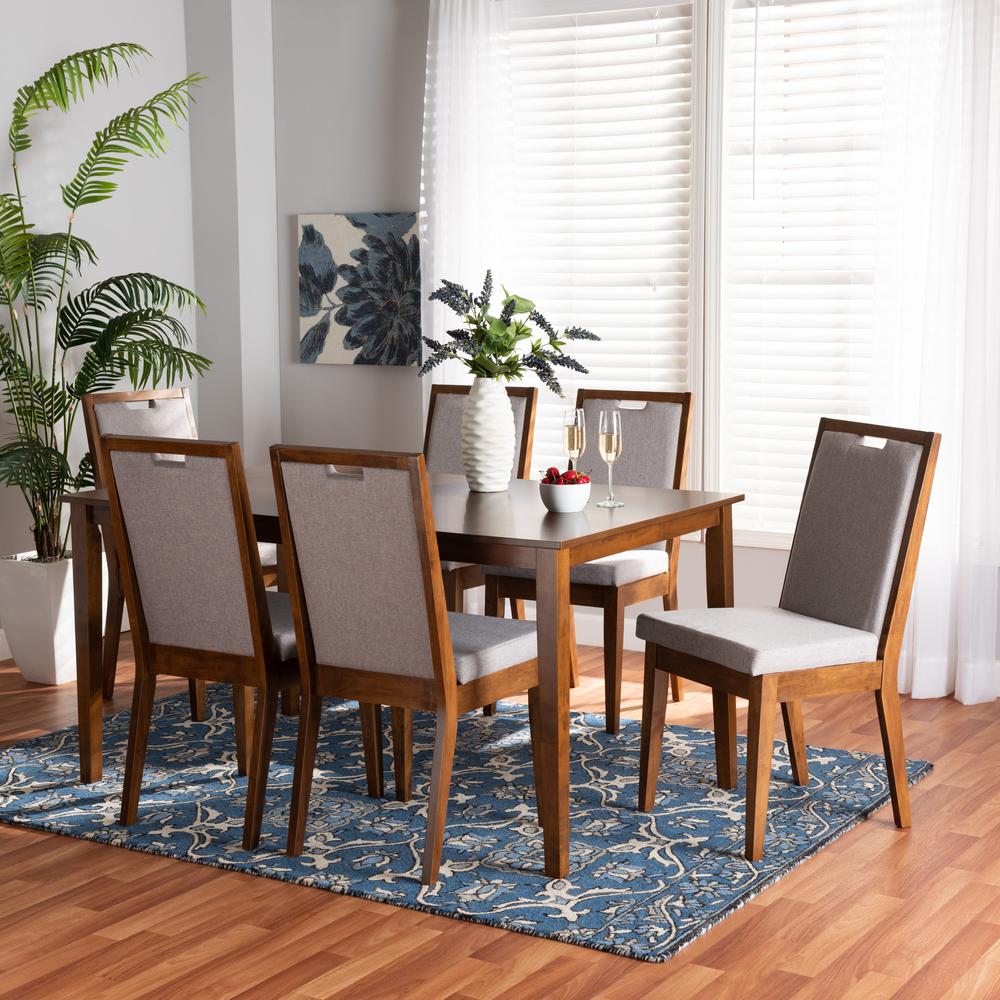Baxton Studio Rosa Modern and Contemporary Grey Fabric Upholstered and Walnut Brown Finished Wood 7-Piece Dining Set. Picture 9
