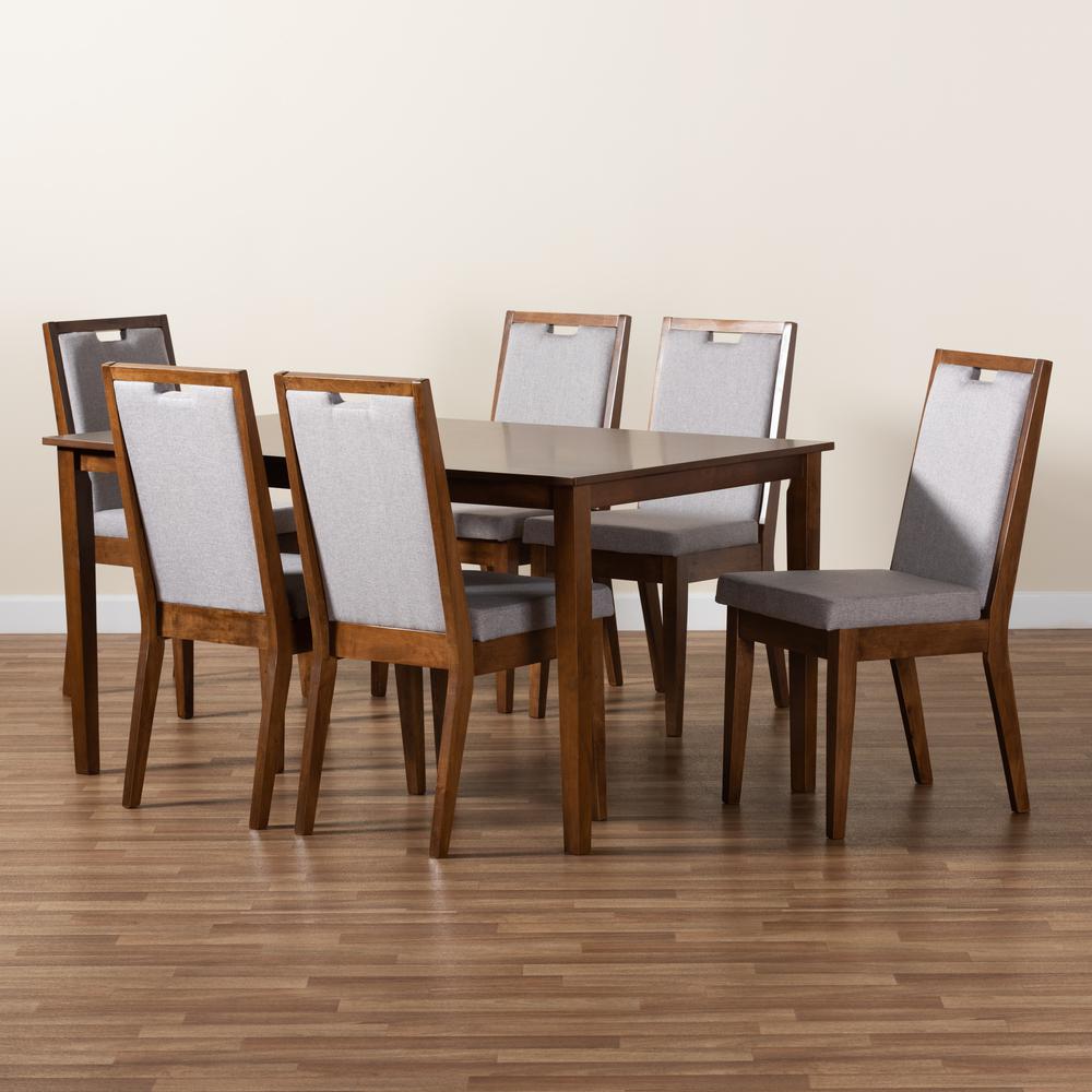 Baxton Studio Rosa Modern and Contemporary Grey Fabric Upholstered and Walnut Brown Finished Wood 7-Piece Dining Set. Picture 21