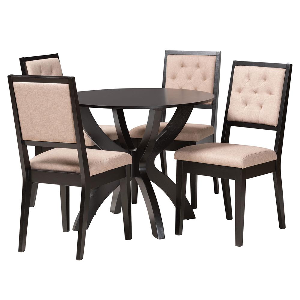 Noe Modern Sand Fabric and Dark Brown Finished Wood 5-Piece Dining Set. Picture 11