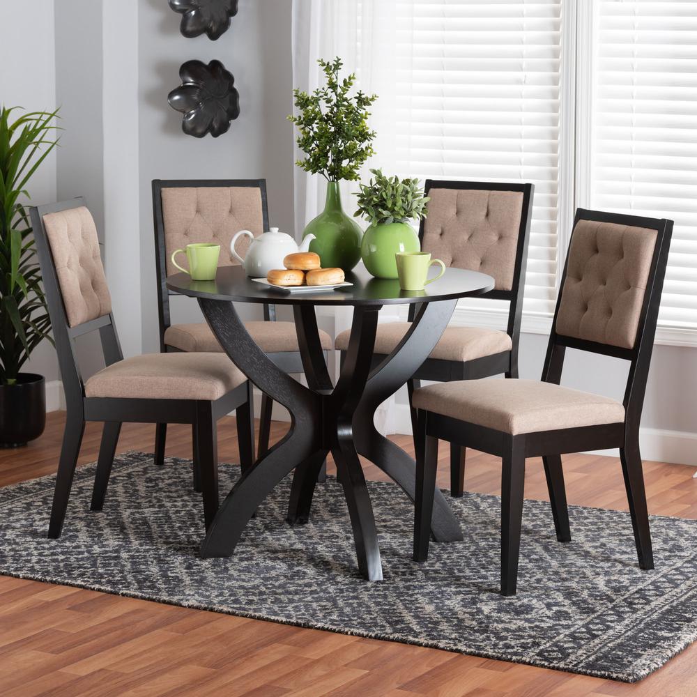 Noe Modern Sand Fabric and Dark Brown Finished Wood 5-Piece Dining Set. Picture 18
