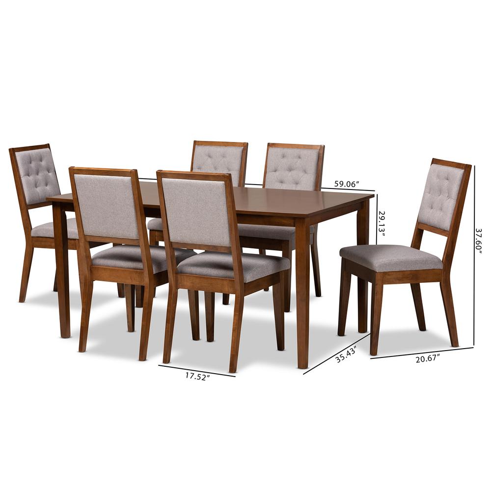 Grey Fabric Upholstered and Walnut Brown Finished Wood 7-Piece Dining Set. Picture 20