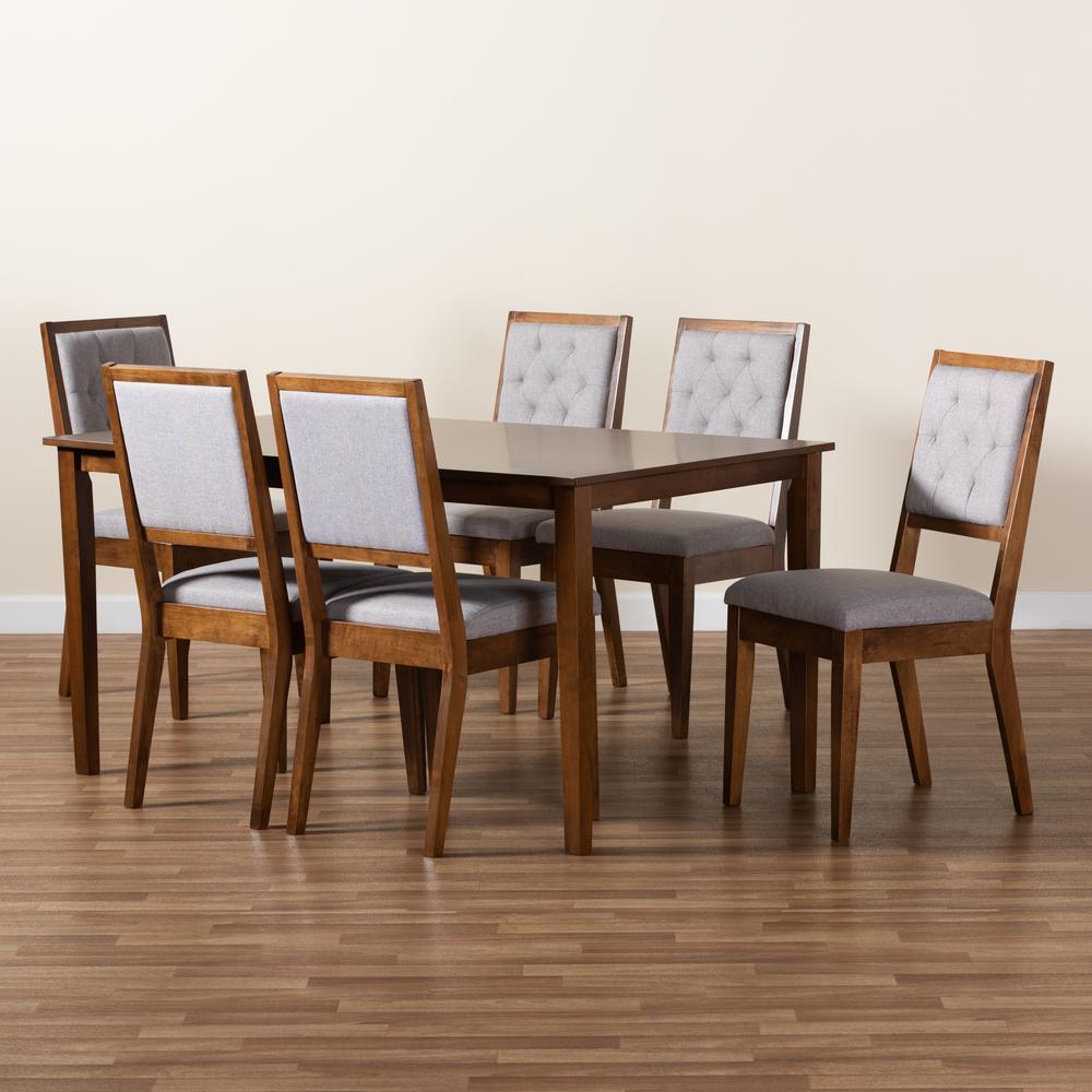 Grey Fabric Upholstered and Walnut Brown Finished Wood 7-Piece Dining Set. Picture 19