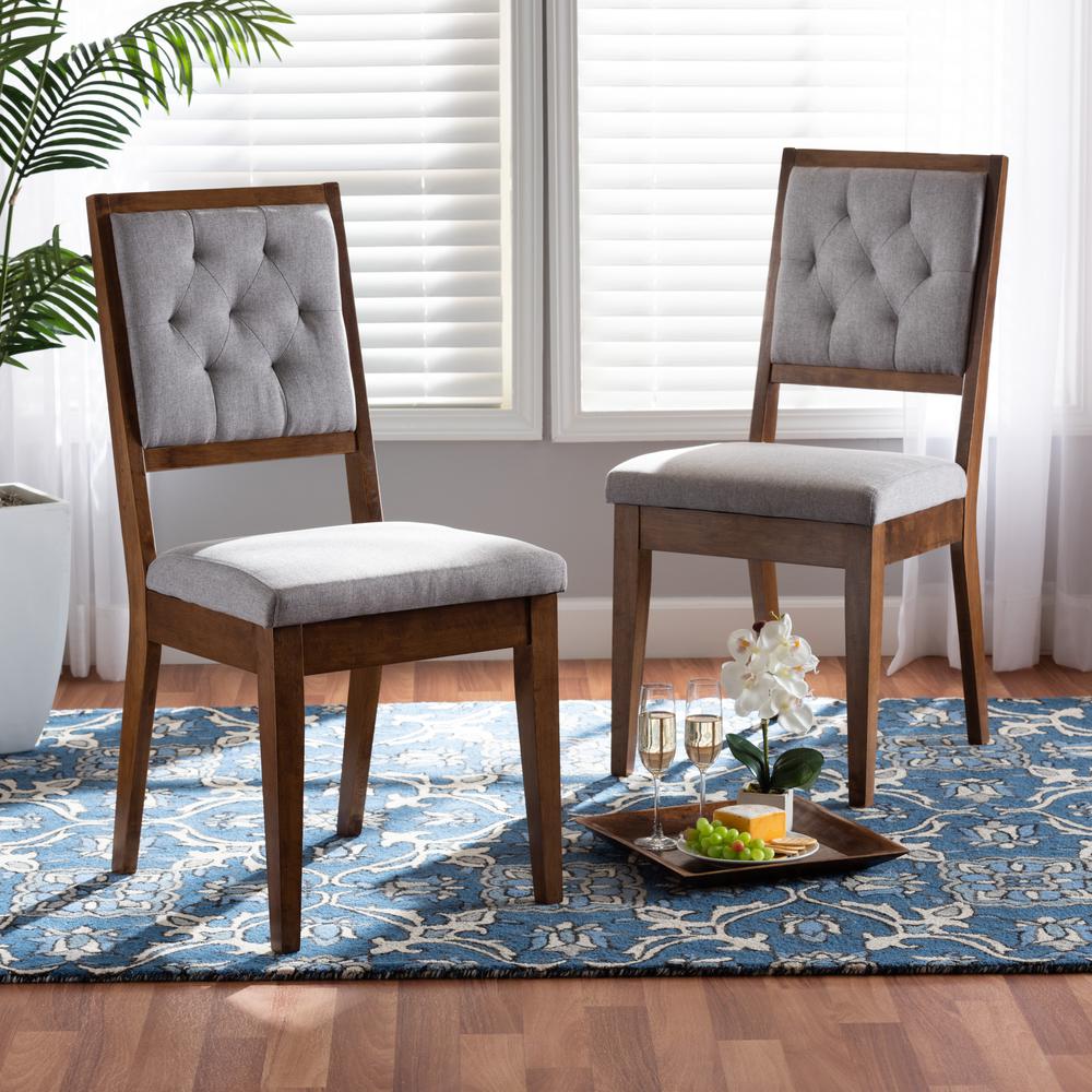 Baxton Studio Gideon Modern and Contemporary Grey Fabric Upholstered and Walnut Brown Finished Wood 2-Piece Dining Chair Set. Picture 8