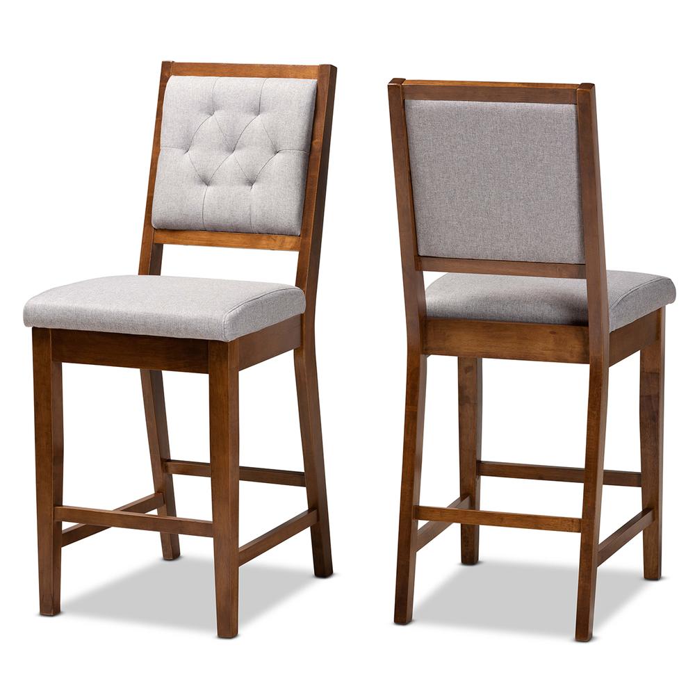 Grey Fabric Upholstered and Walnut Brown Finished Wood 2-Piece Counter Stool Set. Picture 10