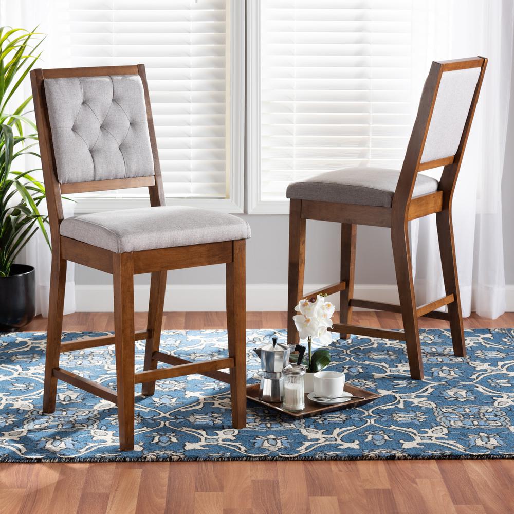 Grey Fabric Upholstered and Walnut Brown Finished Wood 2-Piece Counter Stool Set. Picture 16