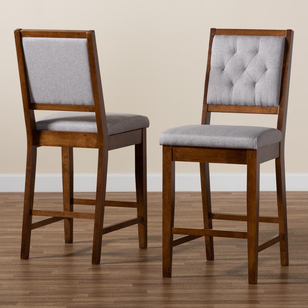 Grey Fabric Upholstered and Walnut Brown Finished Wood 2-Piece Counter Stool Set. Picture 17