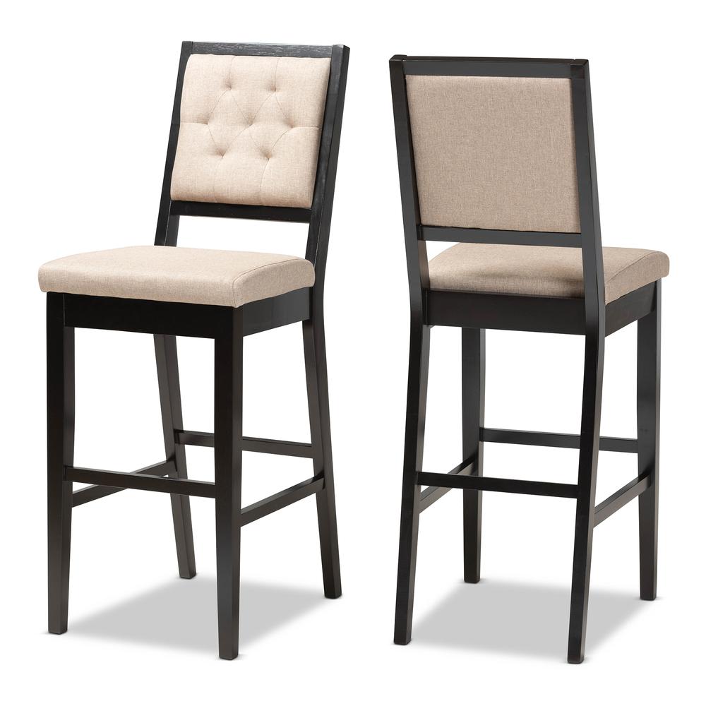 Sand Fabric Upholstered and Dark Brown Finished Wood 2-Piece Bar Stool Set. Picture 10