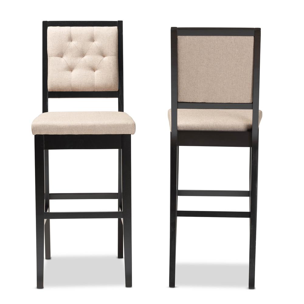 Sand Fabric Upholstered and Dark Brown Finished Wood 2-Piece Bar Stool Set. Picture 11