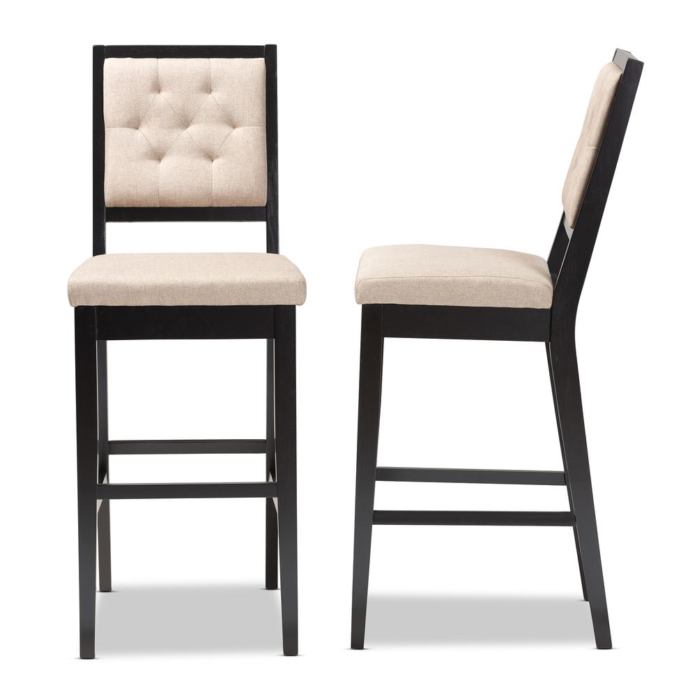 Sand Fabric Upholstered and Dark Brown Finished Wood 2-Piece Bar Stool Set. Picture 12