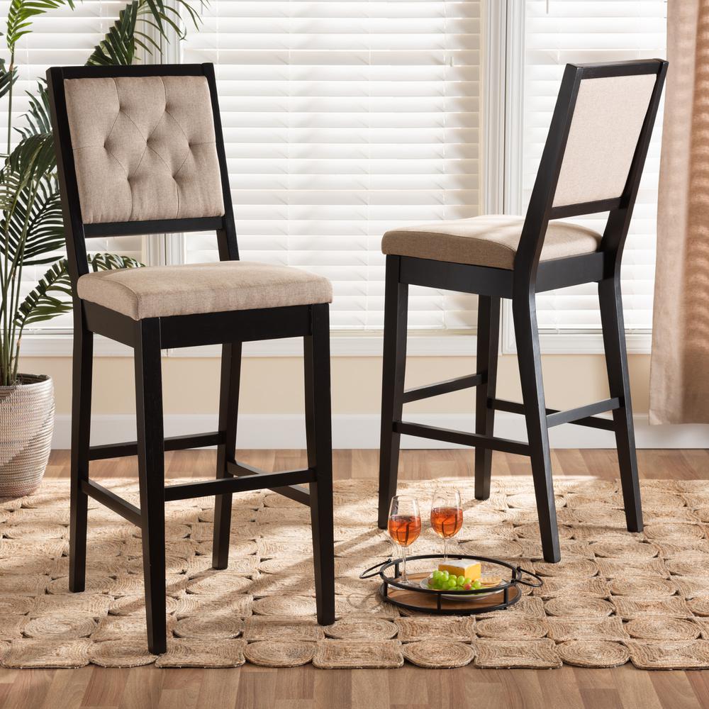 Baxton Studio Gideon Modern and Contemporary Sand Fabric Upholstered and Dark Brown Finished Wood 2-Piece Bar Stool Set. Picture 8