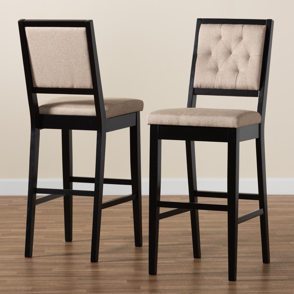 Sand Fabric Upholstered and Dark Brown Finished Wood 2-Piece Bar Stool Set. Picture 17