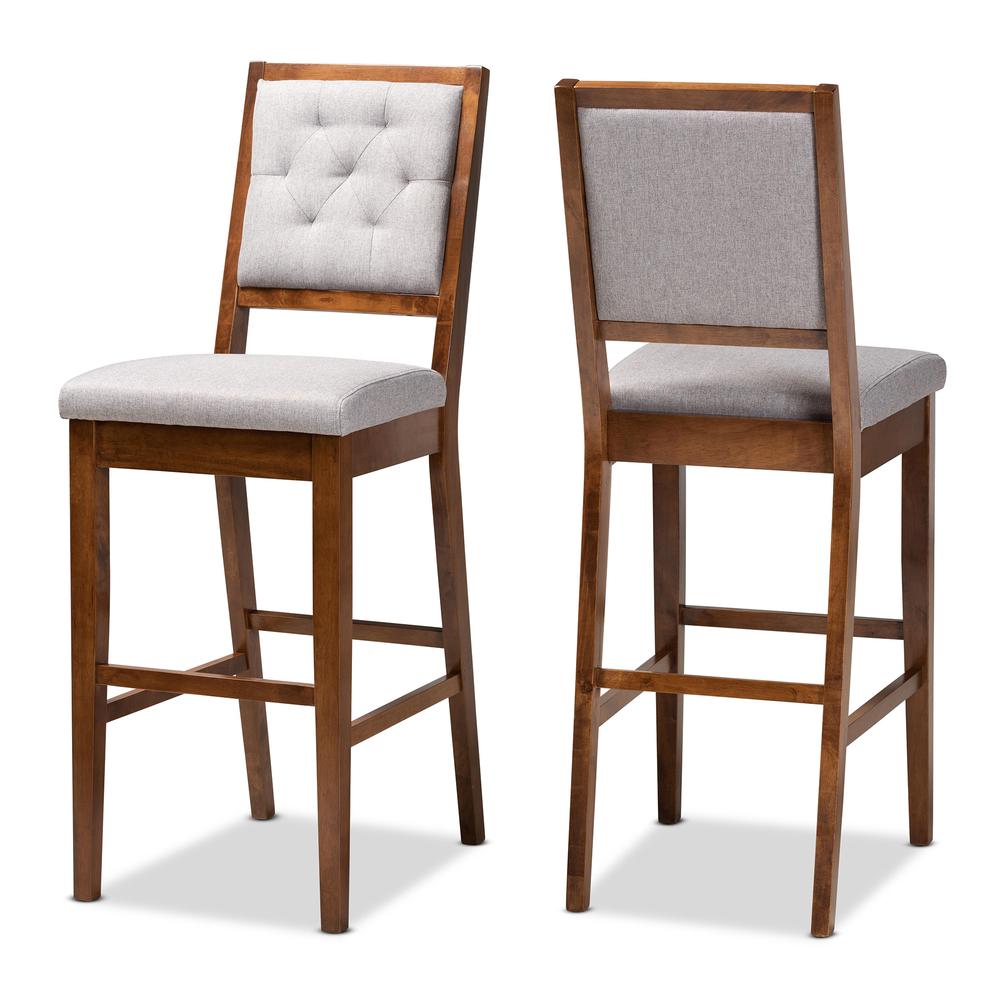 Grey Fabric Upholstered and Walnut Brown Finished Wood 2-Piece Bar Stool Set. Picture 10
