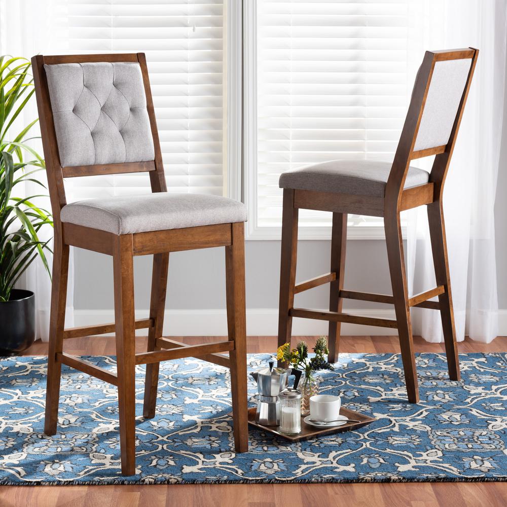 Baxton Studio Gideon Modern and Contemporary Grey Fabric Upholstered and Walnut Brown Finished Wood 2-Piece Bar Stool Set. Picture 8