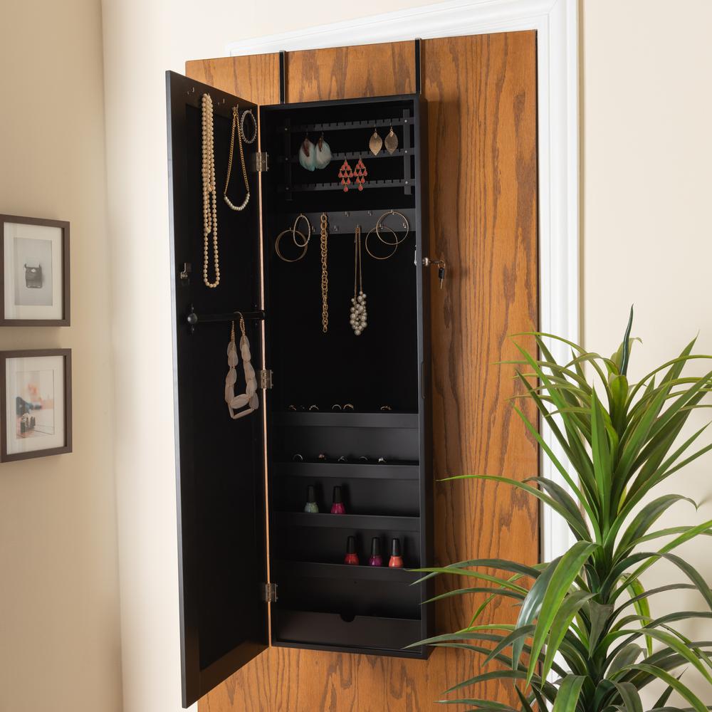 Black Finished Wood Hanging Jewelry Armoire with Mirror. Picture 18