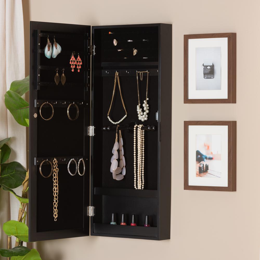 Black Finished Wood Wall-Mountable Jewelry Armoire with Mirror. Picture 18