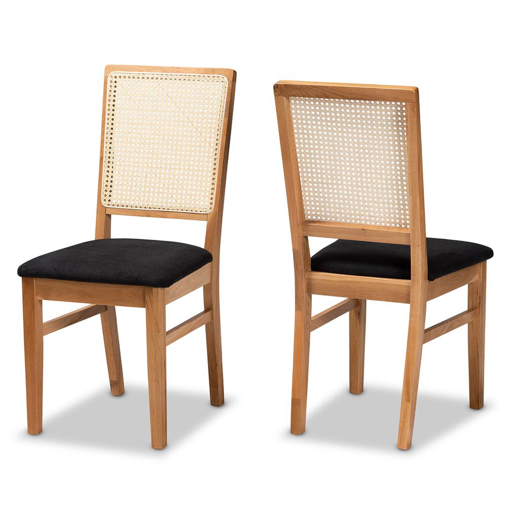 Black Fabric Upholstered and Oak brown Finished 2-Piece Rattan Dining Chair Set. Picture 10