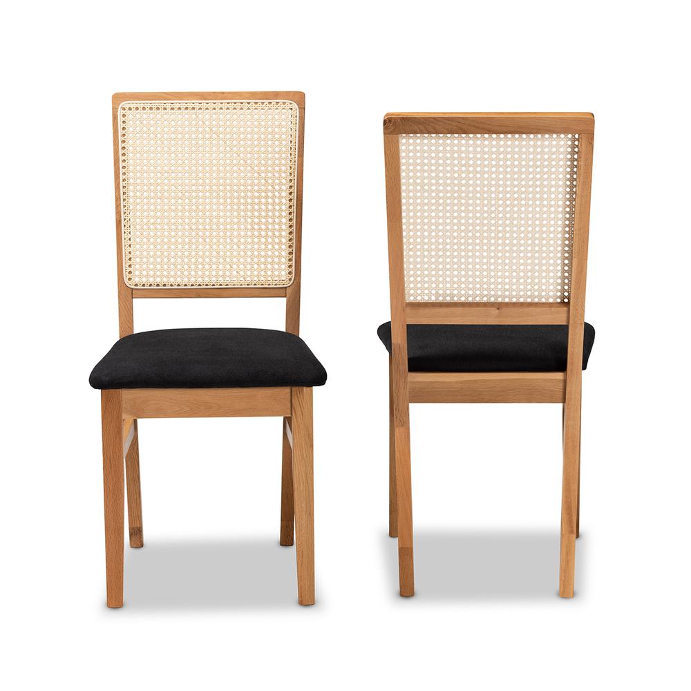 Black Fabric Upholstered and Oak brown Finished 2-Piece Rattan Dining Chair Set. Picture 11