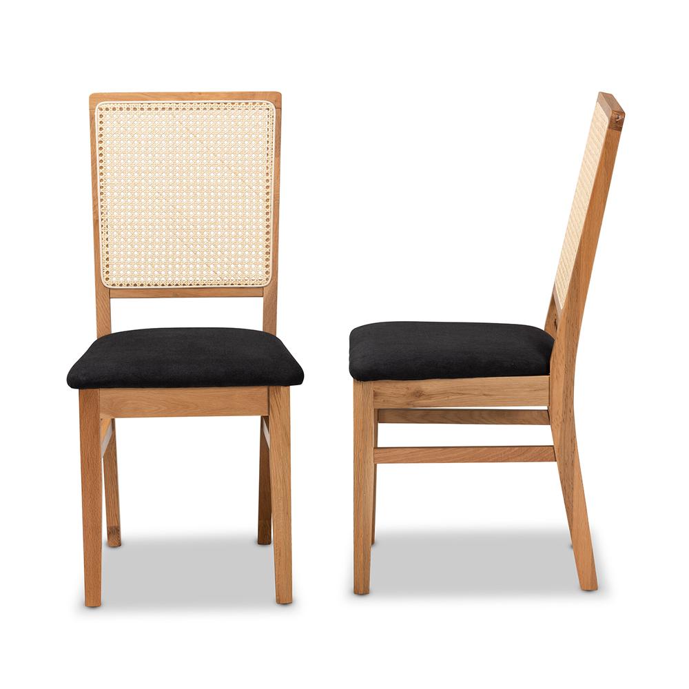 Black Fabric Upholstered and Oak brown Finished 2-Piece Rattan Dining Chair Set. Picture 12