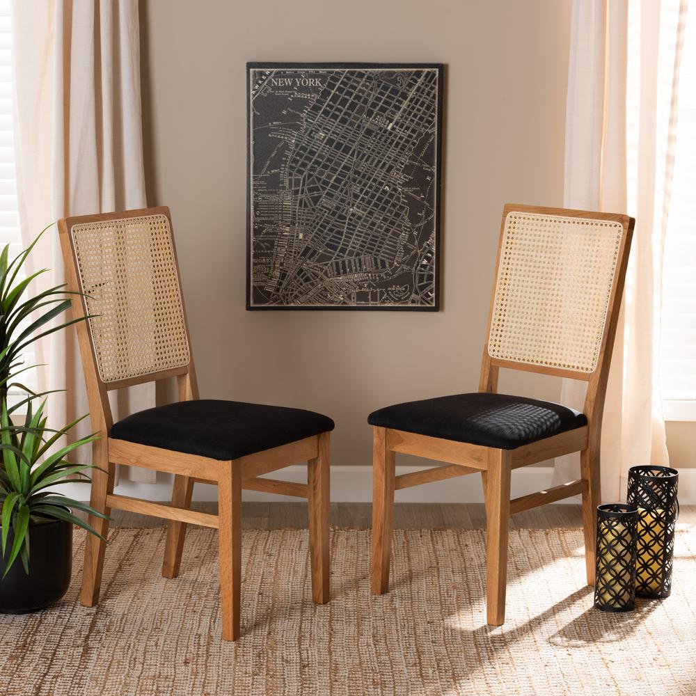 Black Fabric Upholstered and Oak brown Finished 2-Piece Rattan Dining Chair Set. Picture 16