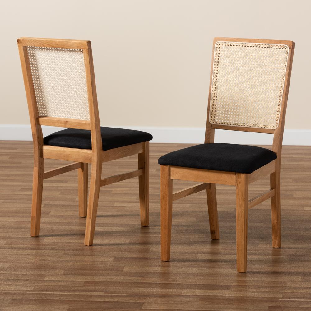 Black Fabric Upholstered and Oak brown Finished 2-Piece Rattan Dining Chair Set. Picture 17