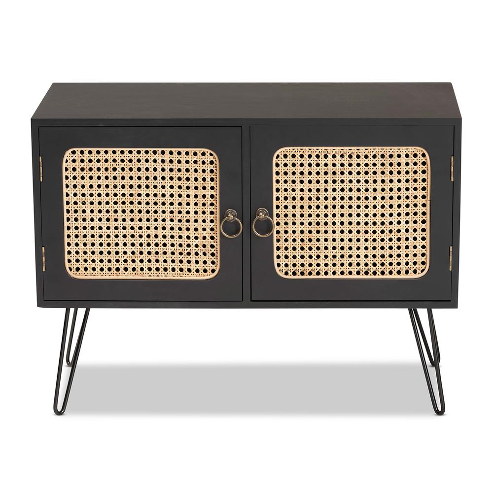 Espresso Brown Finished Wood and Black Metal 2-Door Sideboard Buffet with Rattan. Picture 13