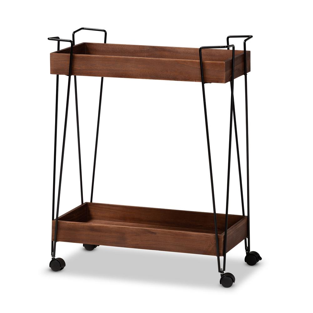and Industrial Walnut Brown Finished Wood and Black Metal 2-Tier Wine Cart. Picture 11