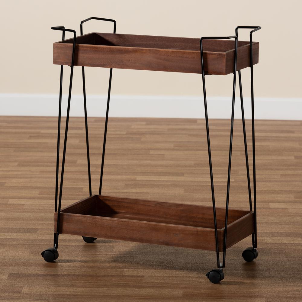 and Industrial Walnut Brown Finished Wood and Black Metal 2-Tier Wine Cart. Picture 18