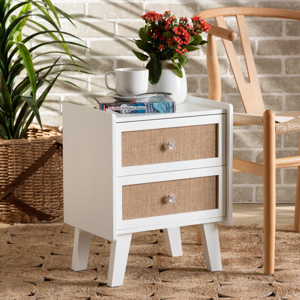 Baxton Studio Balta Mid-Century Modern Transitional Oak Brown Rattan and White Finished Wood 2-Drawer Nightstand. Picture 9