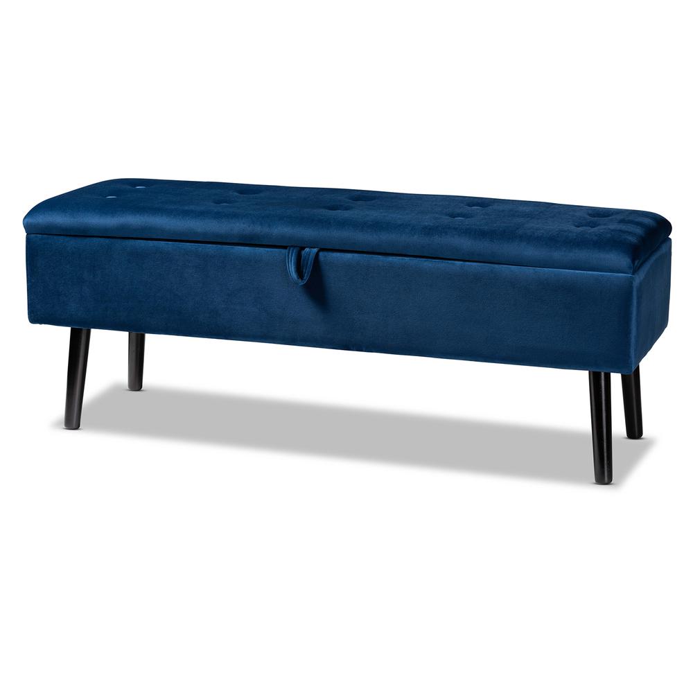 Navy Blue Velvet Fabric Upholstered and Dark Brown Finished Wood Storage Bench. Picture 13