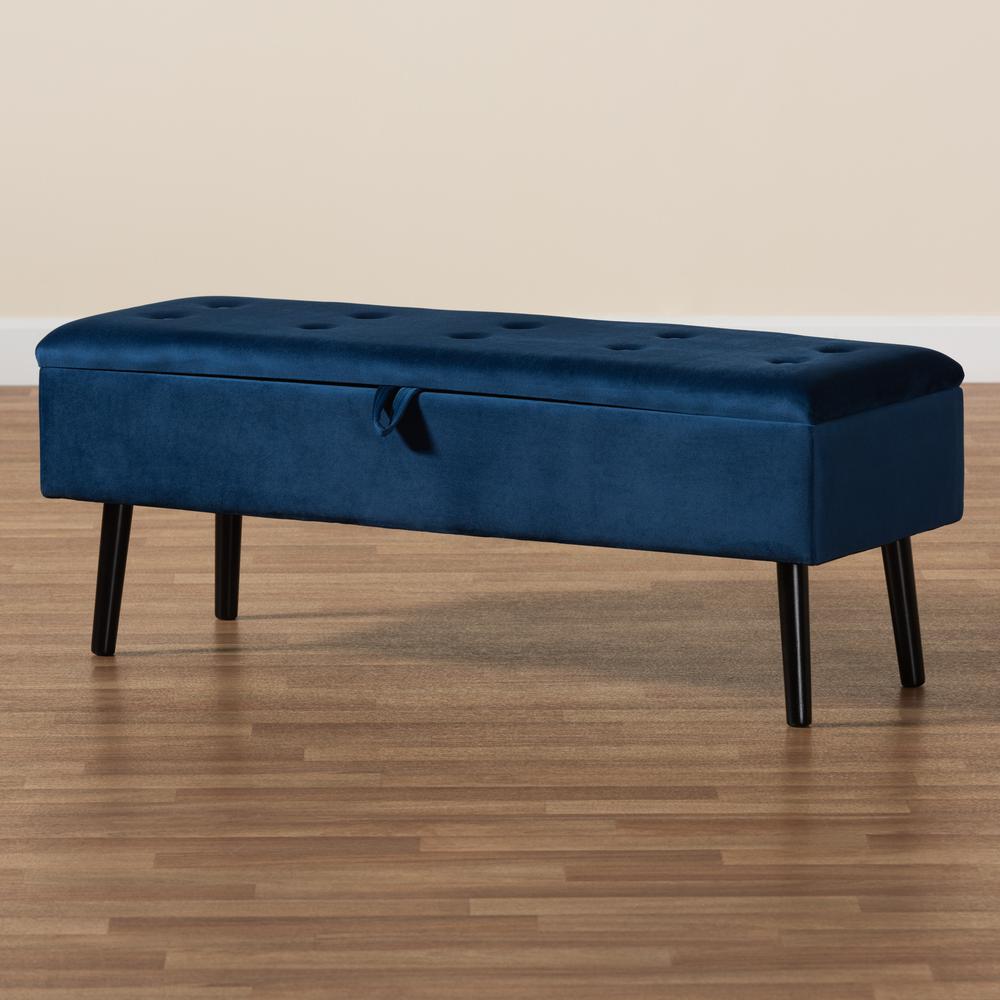 Navy Blue Velvet Fabric Upholstered and Dark Brown Finished Wood Storage Bench. Picture 23