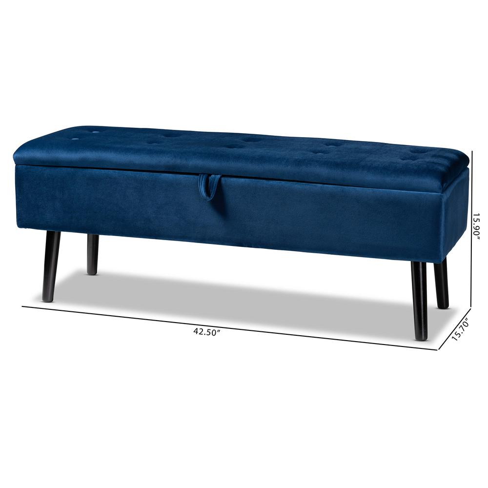 Navy Blue Velvet Fabric Upholstered and Dark Brown Finished Wood Storage Bench. Picture 24