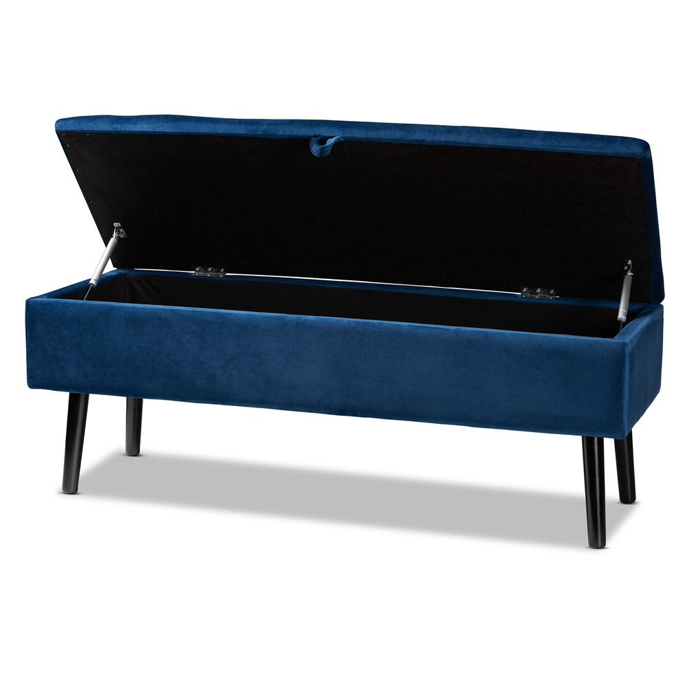 Navy Blue Velvet Fabric Upholstered and Dark Brown Finished Wood Storage Bench. Picture 14