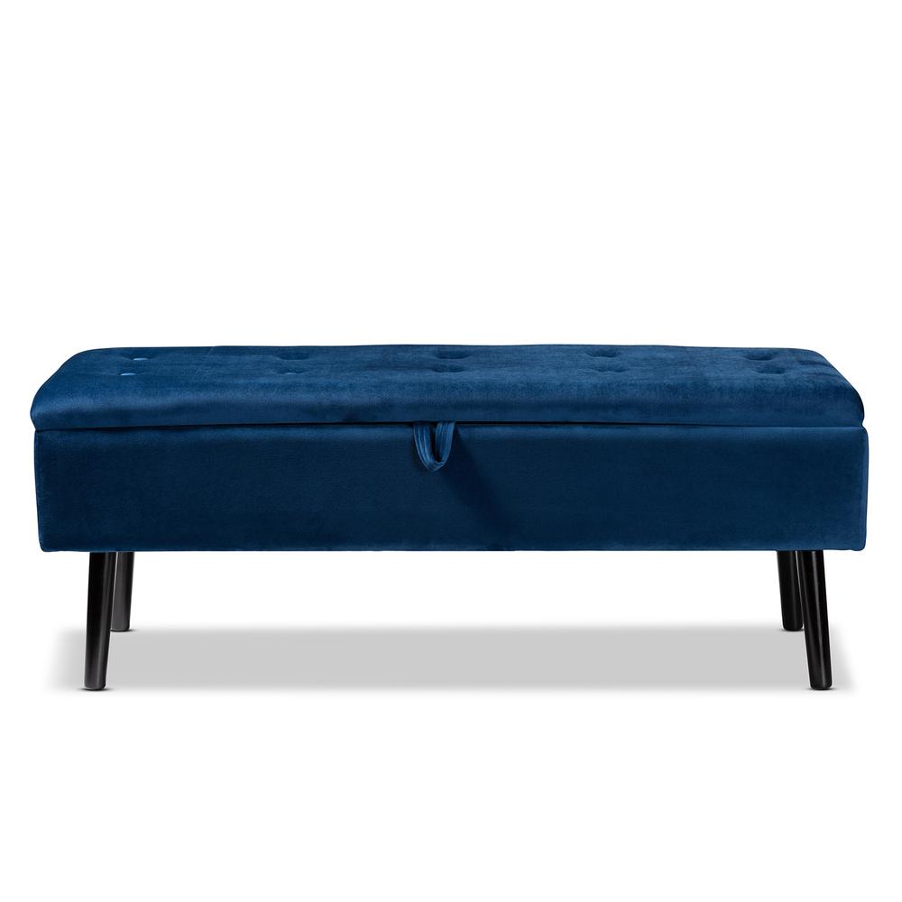 Navy Blue Velvet Fabric Upholstered and Dark Brown Finished Wood Storage Bench. Picture 15