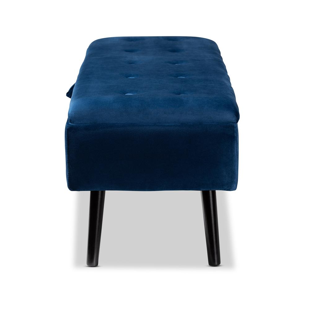 Navy Blue Velvet Fabric Upholstered and Dark Brown Finished Wood Storage Bench. Picture 16