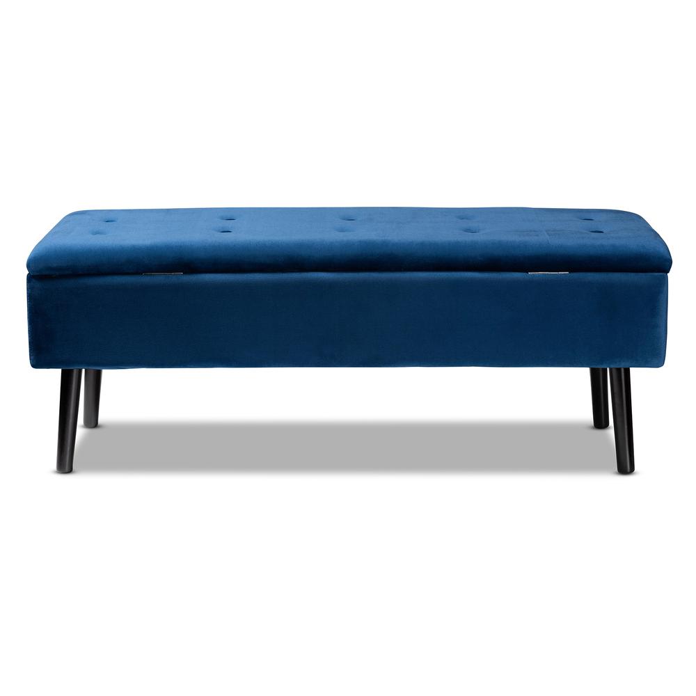 Navy Blue Velvet Fabric Upholstered and Dark Brown Finished Wood Storage Bench. Picture 17