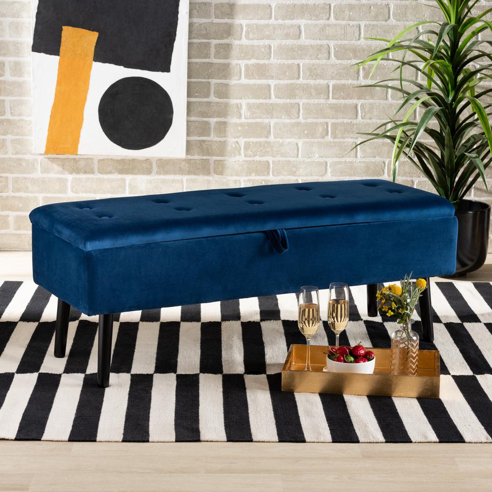 Navy Blue Velvet Fabric Upholstered and Dark Brown Finished Wood Storage Bench. Picture 21