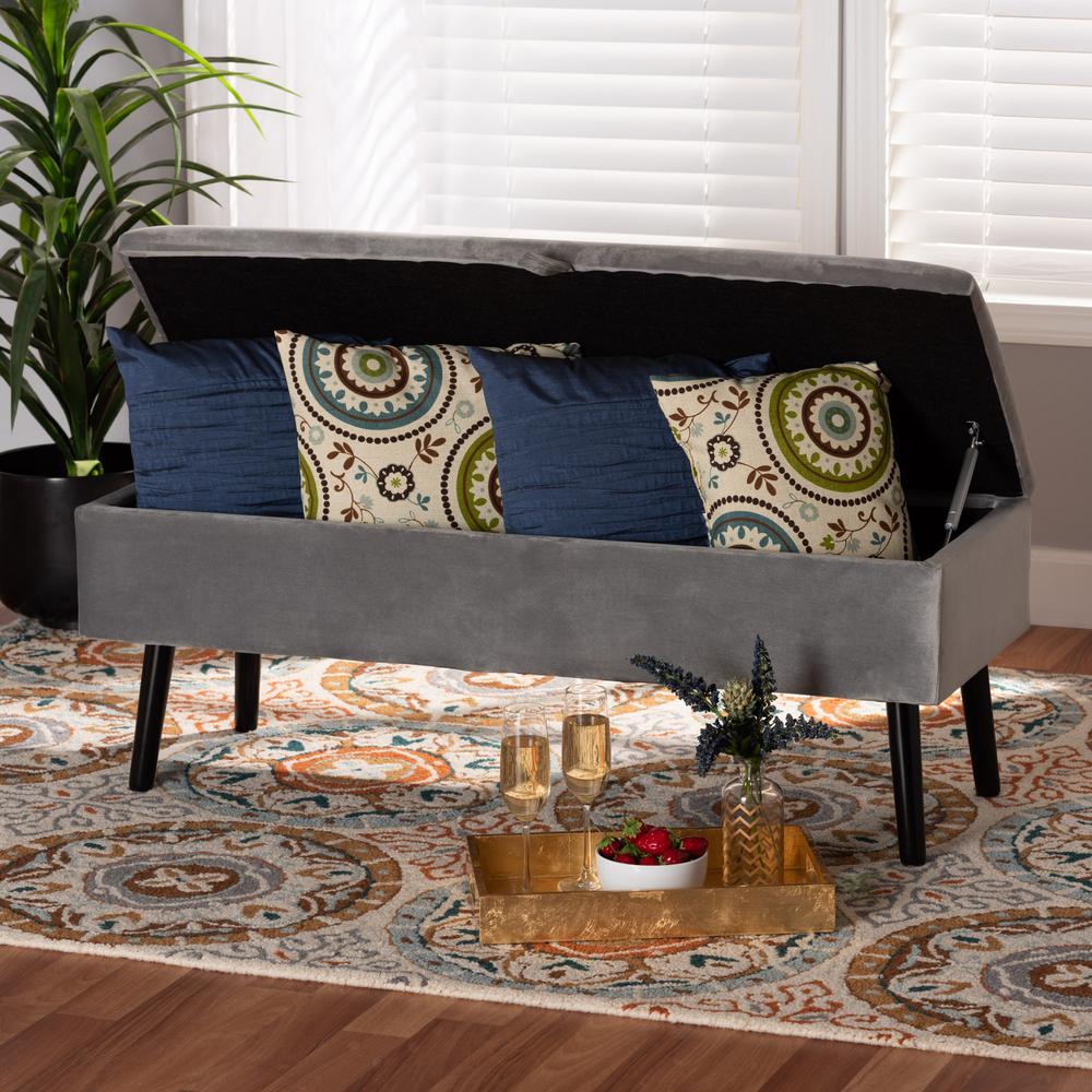 Grey Velvet Fabric Upholstered and Dark Brown Finished Wood Storage Bench. Picture 22