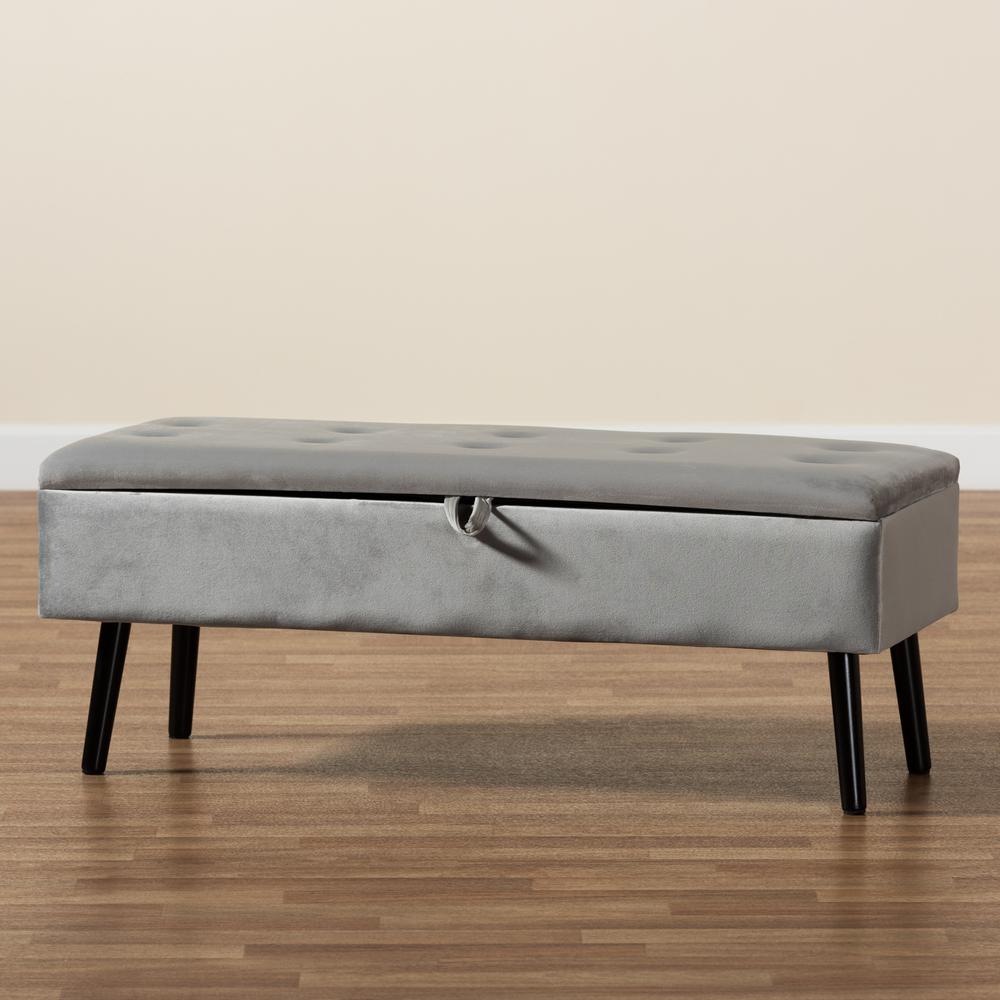 Grey Velvet Fabric Upholstered and Dark Brown Finished Wood Storage Bench. Picture 23