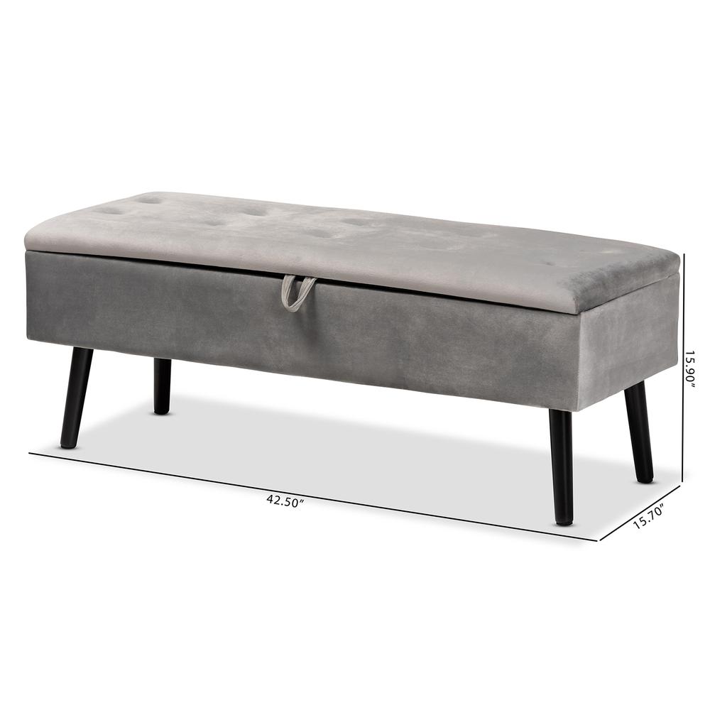 Grey Velvet Fabric Upholstered and Dark Brown Finished Wood Storage Bench. Picture 24