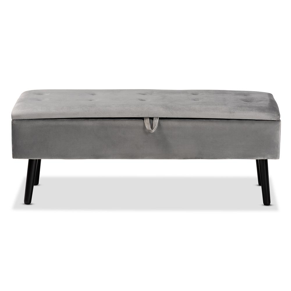 Grey Velvet Fabric Upholstered and Dark Brown Finished Wood Storage Bench. Picture 15