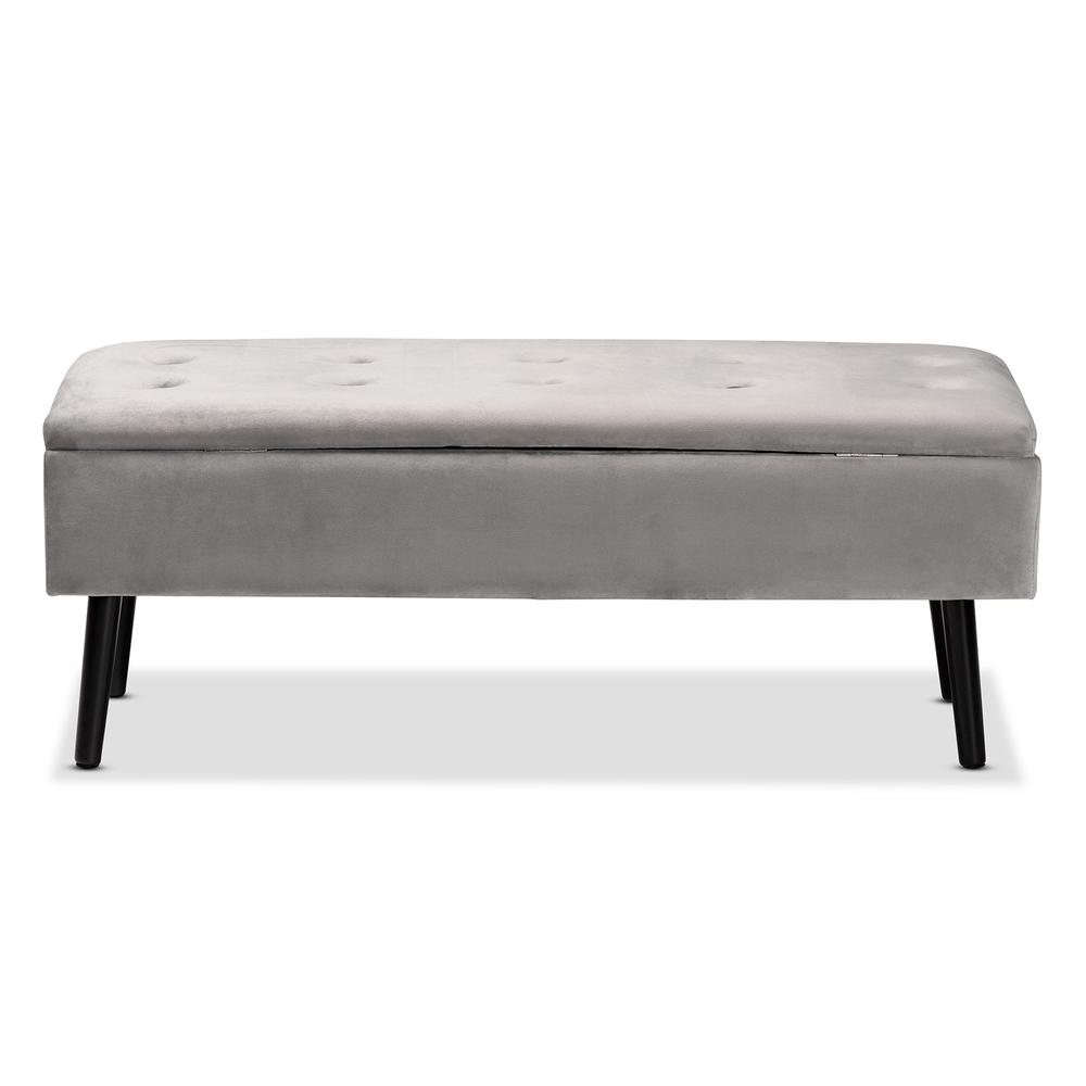 Grey Velvet Fabric Upholstered and Dark Brown Finished Wood Storage Bench. Picture 17
