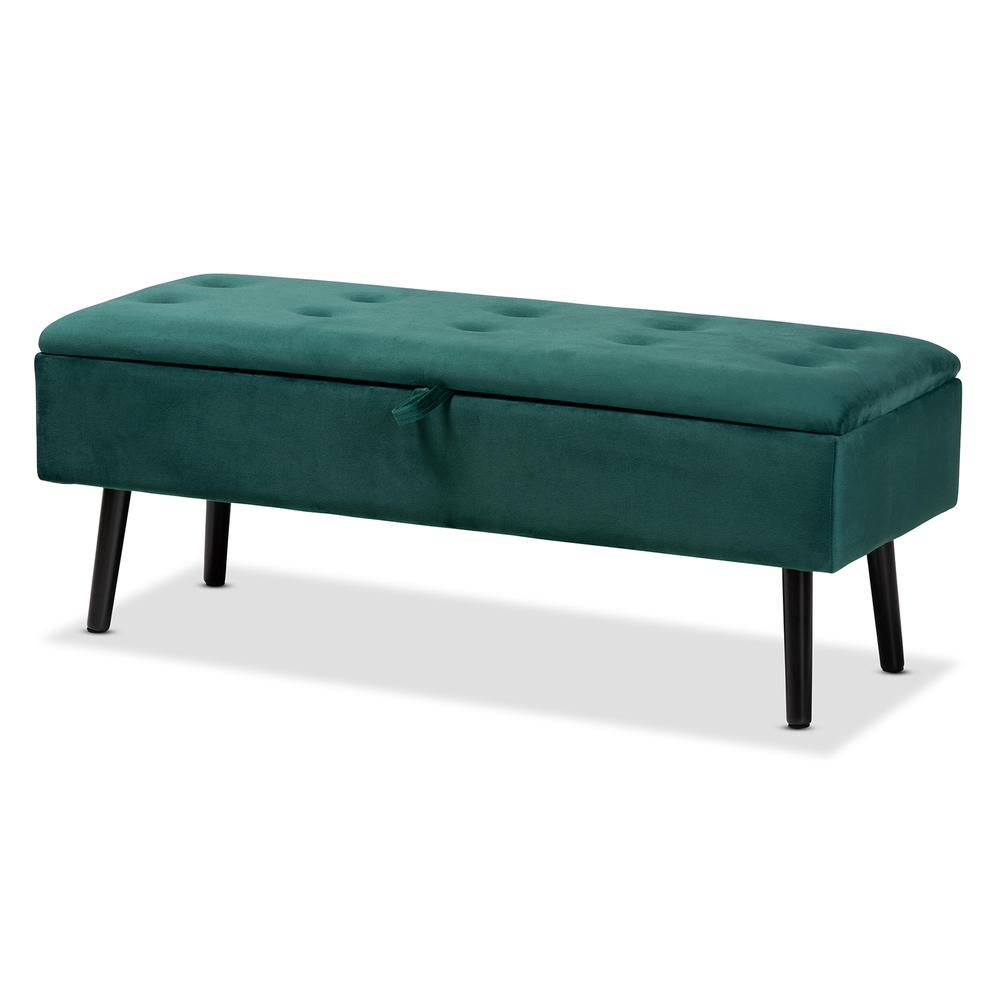 Green Velvet Fabric Upholstered and Dark Brown Finished Wood Storage Bench. Picture 13