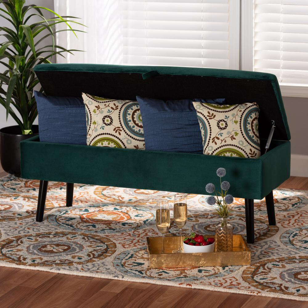 Green Velvet Fabric Upholstered and Dark Brown Finished Wood Storage Bench. Picture 22