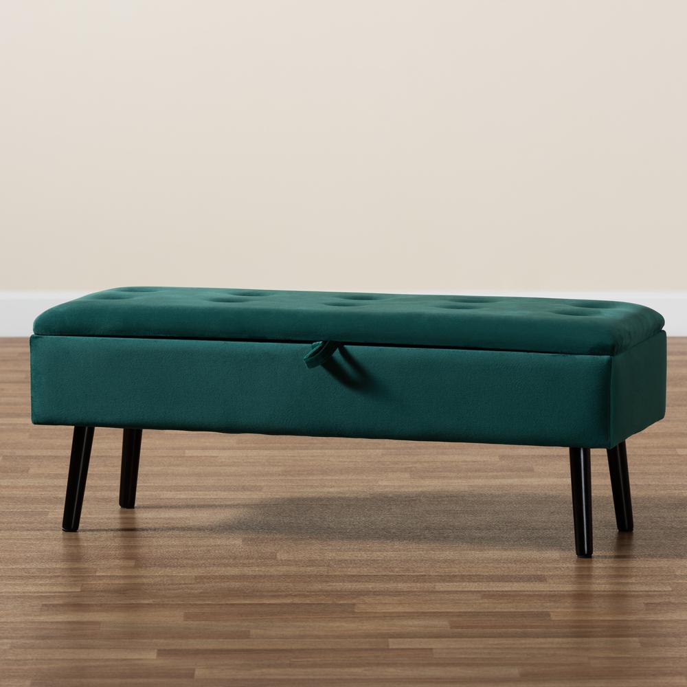 Green Velvet Fabric Upholstered and Dark Brown Finished Wood Storage Bench. Picture 23