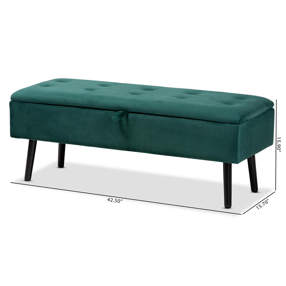 Green Velvet Fabric Upholstered and Dark Brown Finished Wood Storage Bench. Picture 24