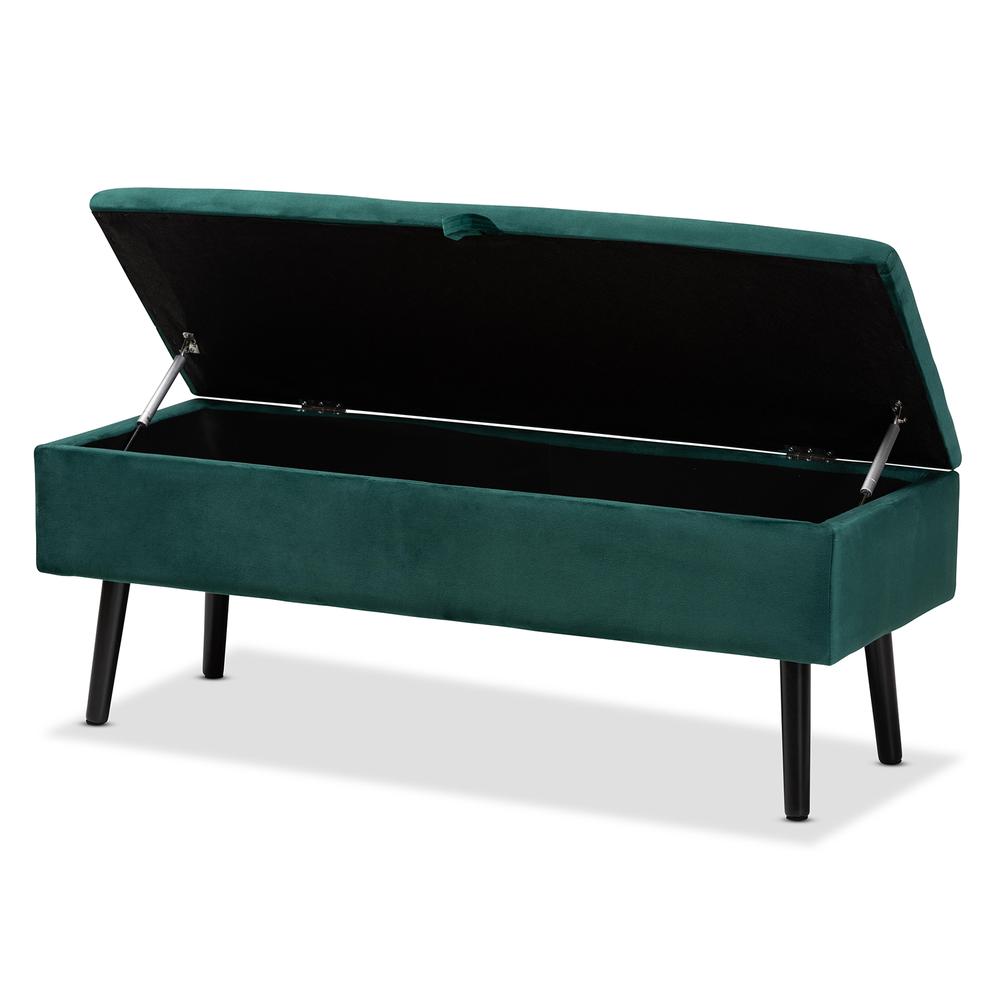 Green Velvet Fabric Upholstered and Dark Brown Finished Wood Storage Bench. Picture 14