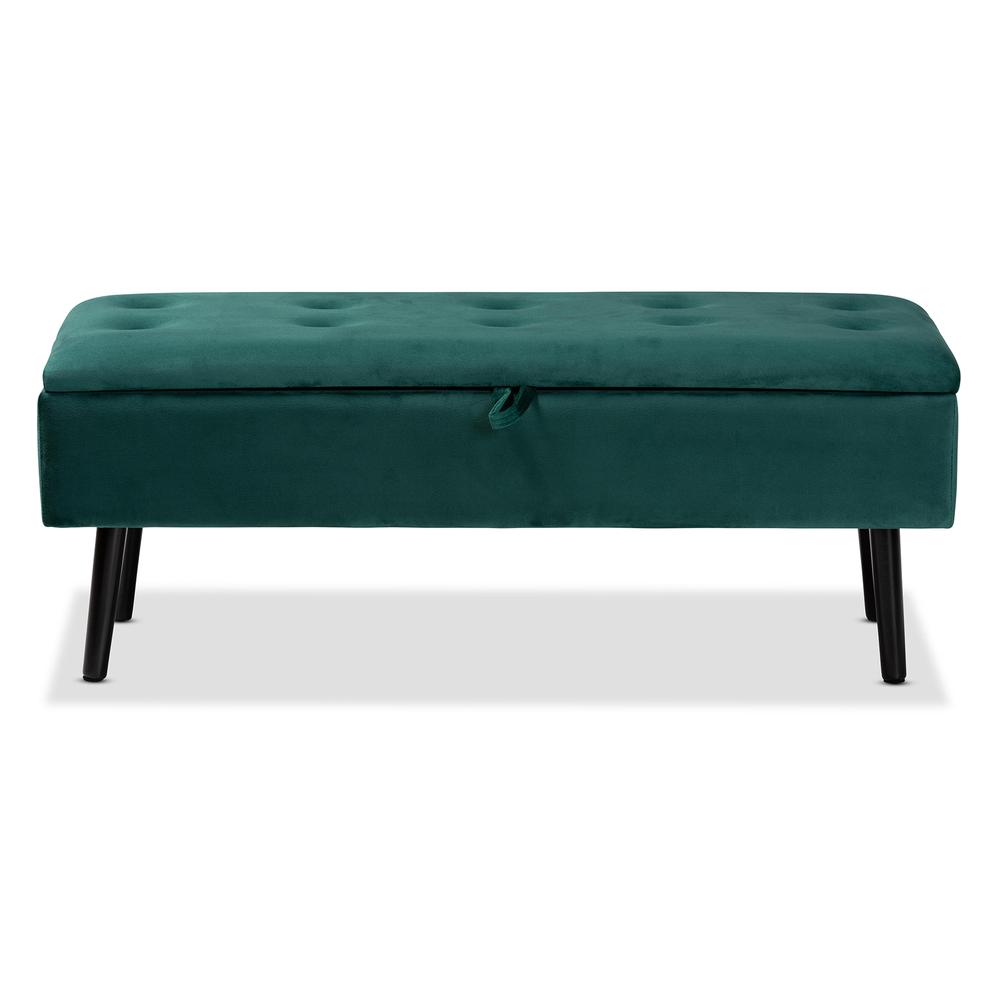 Green Velvet Fabric Upholstered and Dark Brown Finished Wood Storage Bench. Picture 15