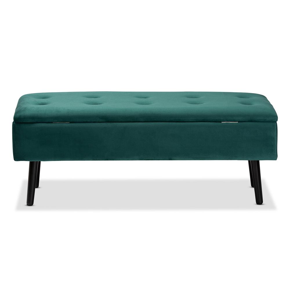 Green Velvet Fabric Upholstered and Dark Brown Finished Wood Storage Bench. Picture 17